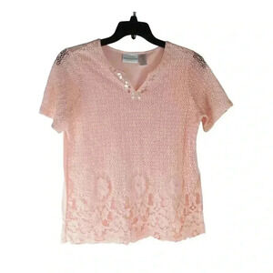 Alfred Dunner Women's Pink Coral  Lace Sequins Pullover V - Neck Top sz Medium